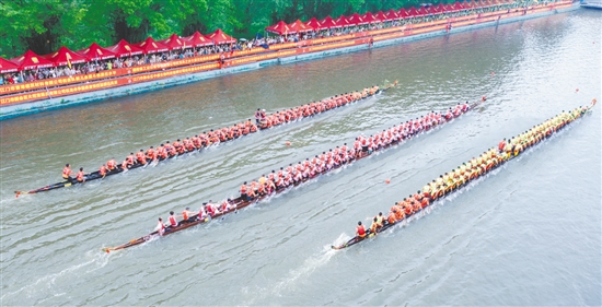 在新會(huì)舉辦的廣東省第七屆傳統(tǒng)龍舟“大有杯”爭(zhēng)霸賽中，3條龍舟如離弦之箭沖向終點(diǎn)。周華東