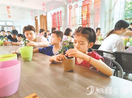 活動(dòng)期間，家長(zhǎng)與孩子共同制作盆栽。