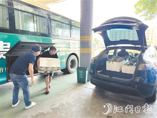 公交車司機(jī)及時(shí)將農(nóng)產(chǎn)品運(yùn)送至鶴山汽車總站，交由鶴山市供銷社工作人員分撥至合作商超與社區(qū)自提點(diǎn)等。