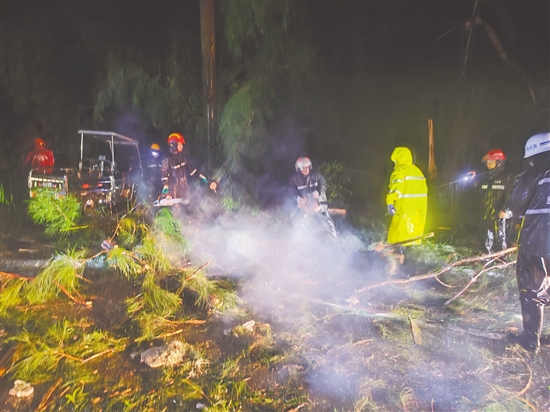 風(fēng)雨勢頭稍減，川島鎮(zhèn)政府迅速聯(lián)合臺山市交通陸島開發(fā)公司、臺山市川山群島旅游發(fā)展有限公司奔赴山咀港進(jìn)港路開展路面清障工作。川島鎮(zhèn)供圖