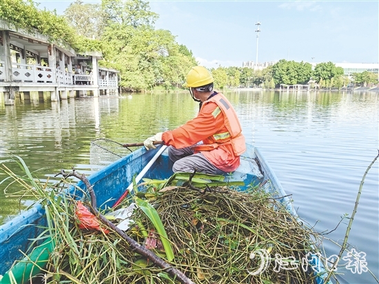 鶴山市對公園、景區(qū)開展環(huán)境治理，清理岸坡垃圾雜草和水面漂浮物。